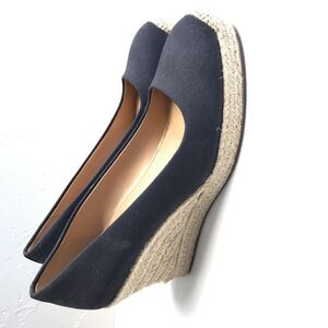 J Crew Seville Canvas Wedge Espadrille Pump Blue Cream Slip On Beach Coast 7.5